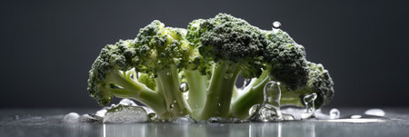 Broccoli in water with ice cubes on grey background, panoramic shotの素材