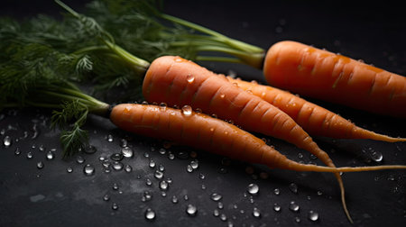 Fresh carrots with water drops on a black background. Vegetarian food.の素材