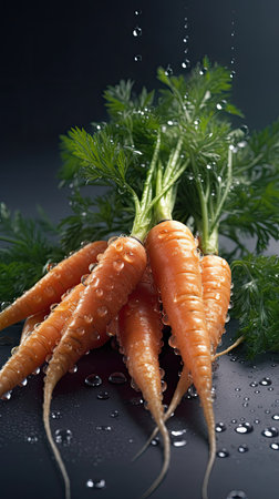 Fresh carrots with water drops on a black background. Healthy food.の素材
