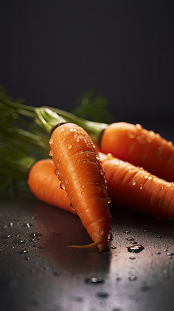 Fresh carrots with water drops on black background, close-up.の素材