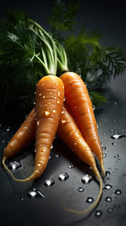 Fresh carrots with water drops on a black background. Healthy food.の素材