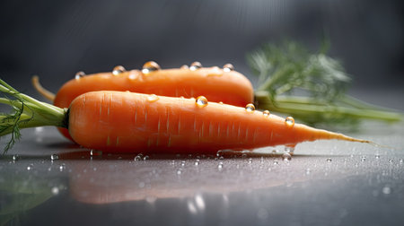 Fresh carrots with drops of water on a dark background close-upの素材