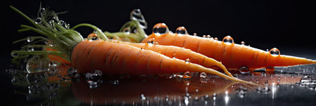 Fresh carrots with water drops on a black background. Selective focus.の素材