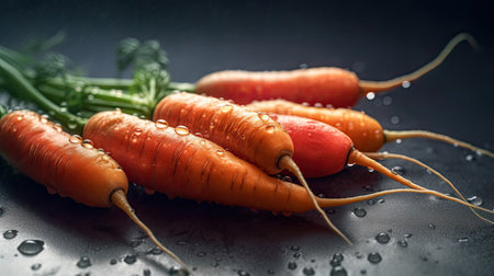 Bunch of fresh carrots with drops of water on a black backgroundの素材