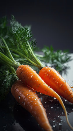 Fresh carrots with water drops on a black background. Selective focus.の素材