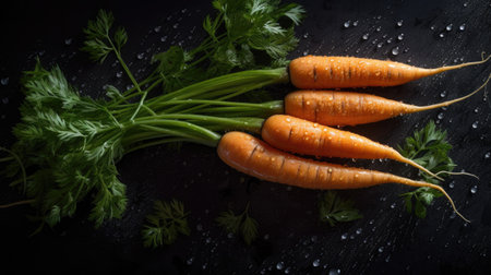 Bunch of fresh carrots with green leaves on black background. Top viewの素材