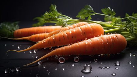 Fresh carrots with water drops on black background. Vegetarian food.の素材