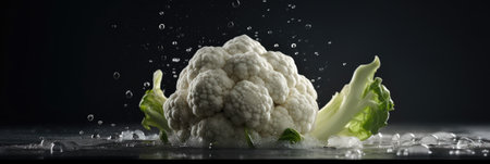 Cauliflower with splashes of water on a black background.の素材