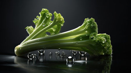 Fresh green broccoli on a black background with water drops. Healthy eating concept.の素材