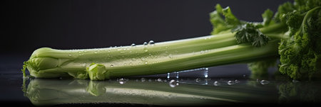 Fresh celery on a black background with water drops, close upの素材