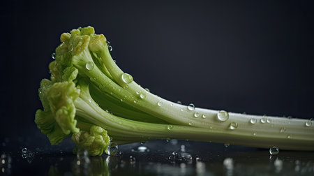 Fresh celery with water drops on black background. Closeup.の素材