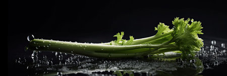 Celery on a black background with water drops. Horizontalの素材