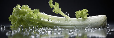 Fresh celery with water drops on a black background. Healthy food concept.の素材