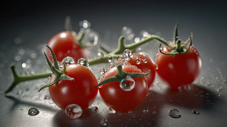 Bunch of fresh cherry tomatoes with water drops on black background.の素材