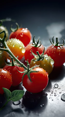 Cherry tomatoes with drops of water on a dark background. Selective focusの素材
