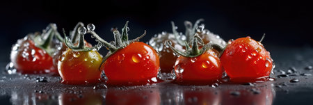 cherry tomatoes with water drops on a black background. close-upの素材