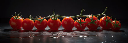Ripe red cherry tomatoes on a black background with water drops.の素材