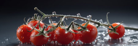 Cherry tomatoes with water drops on a dark background close-upの素材