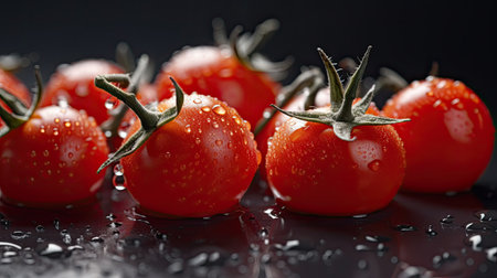Fresh cherry tomatoes with water drops on black background. Shallow DOFの素材