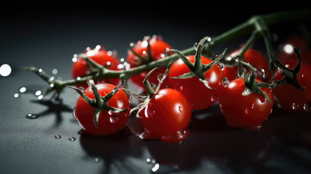 Ripe cherry tomatoes on a black background with drops of water.の素材