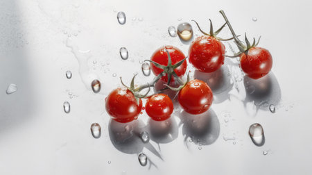Bunch of fresh cherry tomatoes on a white background with water dropsの素材