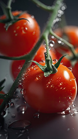 Fresh cherry tomatoes with water drops on dark background. Close up.の素材