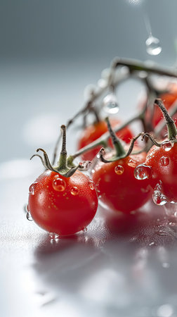 Cherry tomatoes with water drops on a light background. Selective focus.の素材