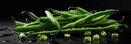 Fresh green beans on a black background with water drops, close upの素材
