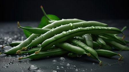 Fresh green beans with water drops on black table, closeup viewの素材