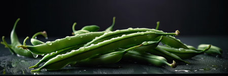 Fresh green beans on a black background. Vegetarian food concept.の素材
