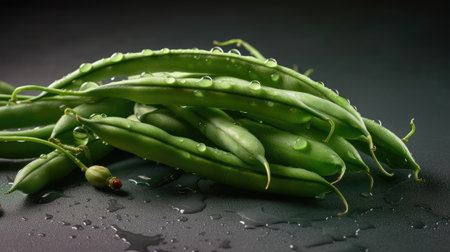 Fresh green beans with water drops on black background. Close up.の素材