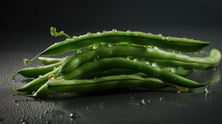 Fresh green beans on a black background with water drops, close upの素材