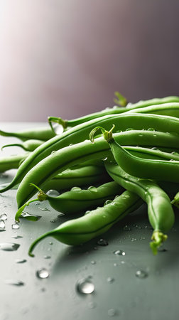 Fresh green beans with water drops on grey background, close-upの素材