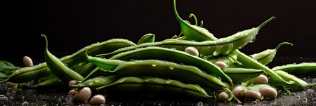 Fresh green beans with water drops on a black background, close-upの素材