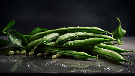 Fresh green beans with water drops on a black background, selective focusの素材