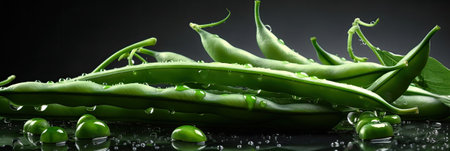 Green beans on a dark background with water drops, close-up. Generative AIの素材