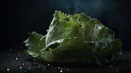 Fresh green lettuce with water drops on black background. Close up.の素材