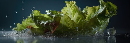 Fresh green lettuce salad with water drops on a dark background. Healthy food concept.の素材