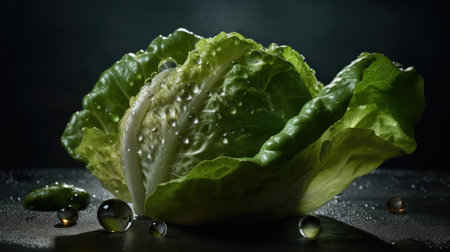 fresh green lettuce with drops of water on a dark background closeupの素材