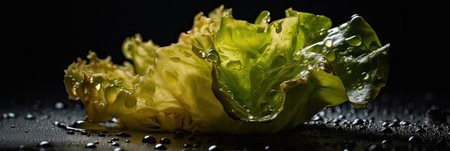 Lettuce on a black background with water drops. Copy space.の素材