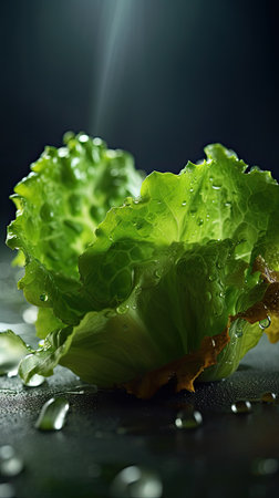 Lettuce with drops of water on a dark background close upの素材