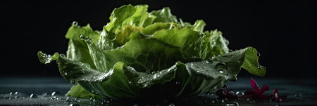 Fresh green cabbage with water drops on black background. Healthy food concept.の素材
