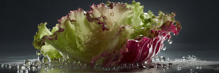 Lettuce with drops of water on dark background, close upの素材