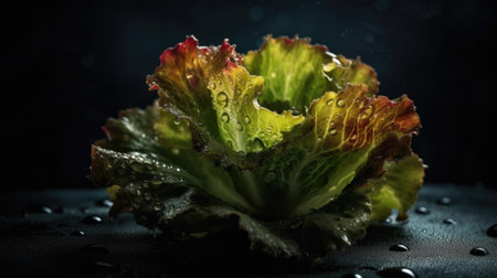 Fresh lettuce with drops of water on a black background. Selective focus.の素材