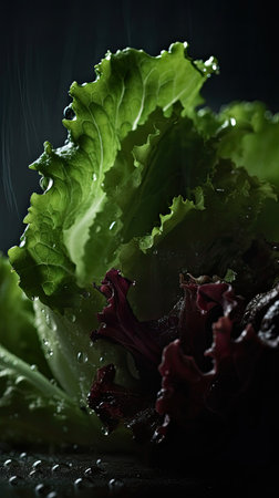 Lettuce with water drops on a dark background. Selective focus.の素材