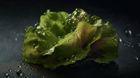 Lettuce with water drops on a black background, close-upの素材