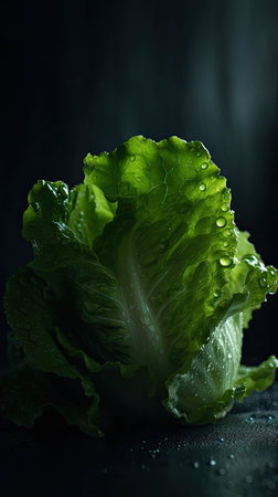 Fresh green lettuce with drops of water on dark background, selective focusの素材