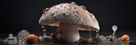 mushroom with water drops on a dark background, close-upの素材
