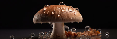 Mushroom with water drops on a black background, close-upの素材