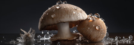 Champignon mushrooms on a black background with water drops, close-upの素材
